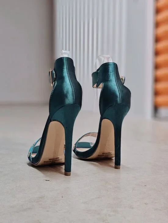 Teal Satin High Heel Sandals With Ankle Strap & Grommet Detail Womens - Picture 12 of 13